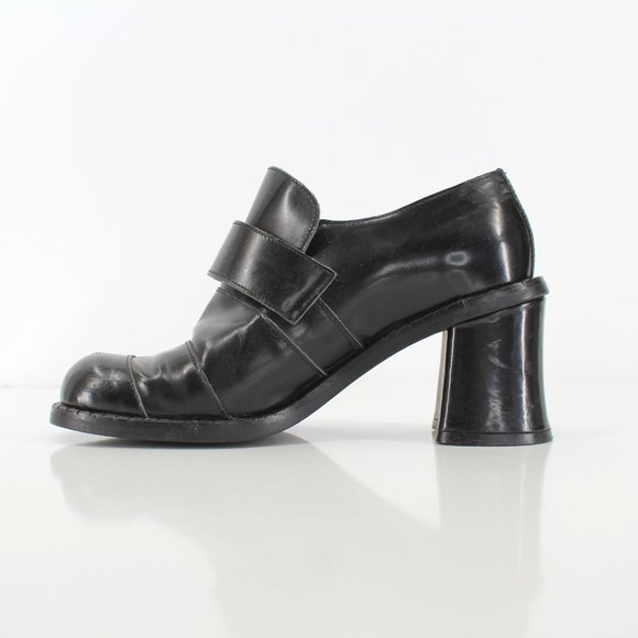 VTG 90s Black Leather Heeled Loafers Chunky Buckle Strap Shoes Italy Size 6.5/7 - Picture 5 of 11